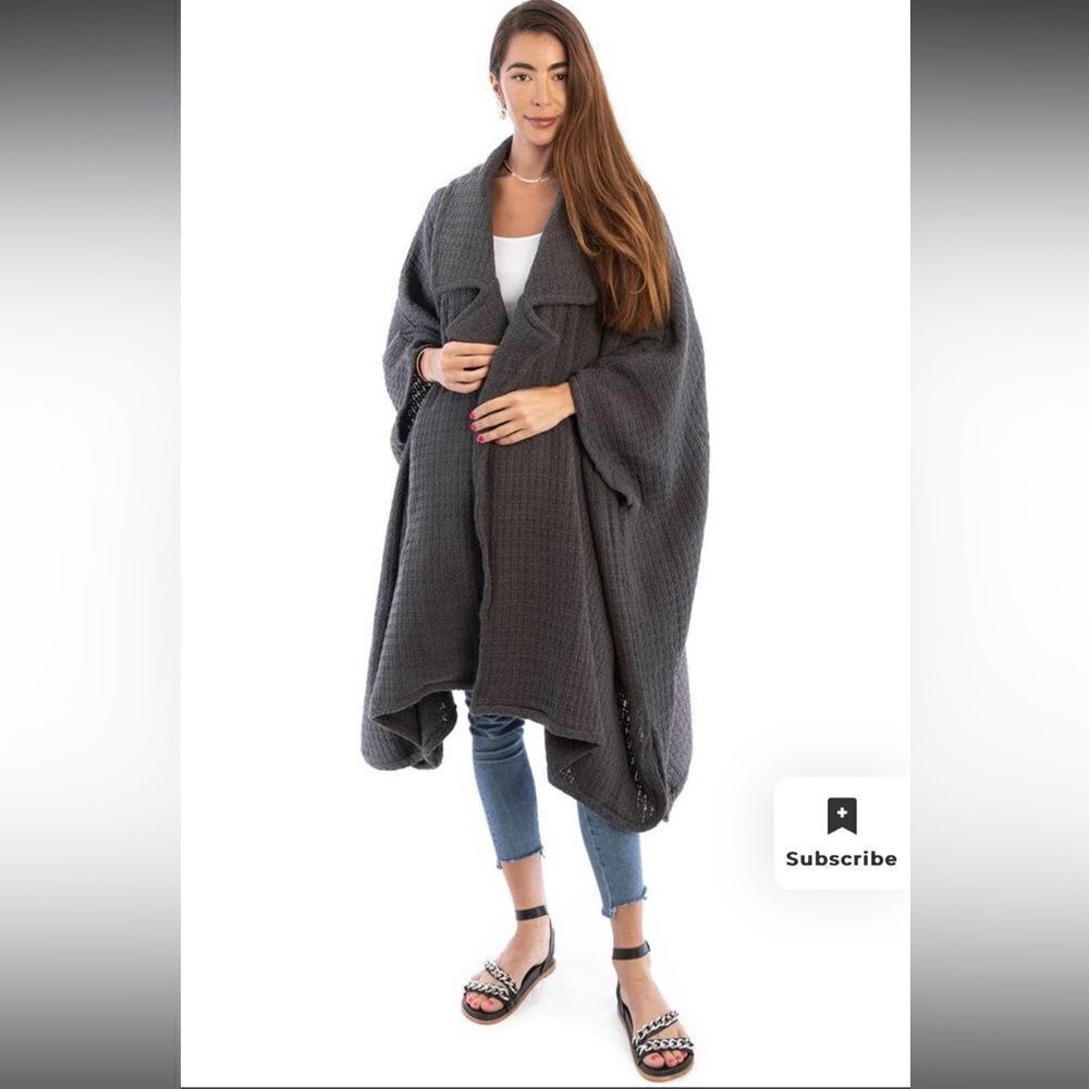 SAACHI Waffle Knit Topper Cape Scarf Cardigan Wrap in Dark Gray Cotton One Size - Picture 6 of 12